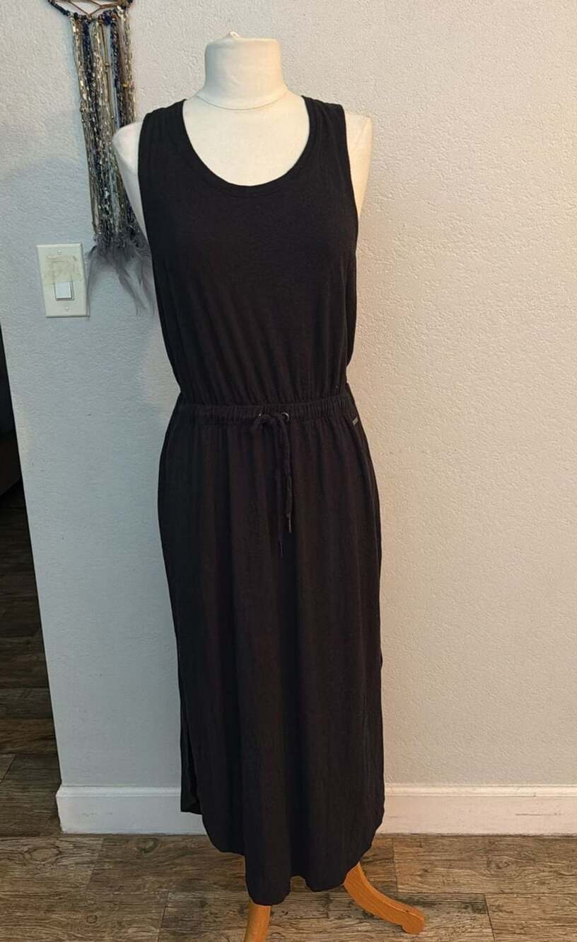 Sweaty Betty Sleeveless Midi Dress Size S Black Drawstring Waist Split Hem